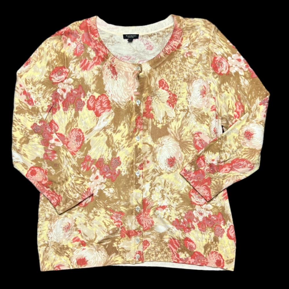Talbots Womens Large Floral Flower Beaded Bead Knit Cardigan Sweater 3/4 Sleeves